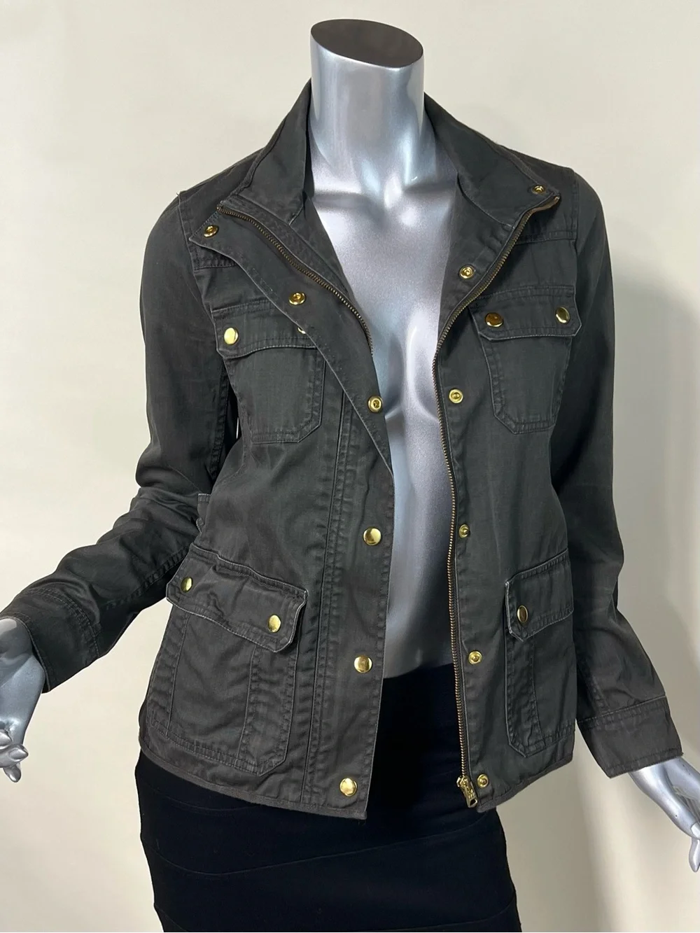 J. Crew Relaxed Fit Boyfriend Field Jacket Green Gray Snap Zip Up Women’s XS